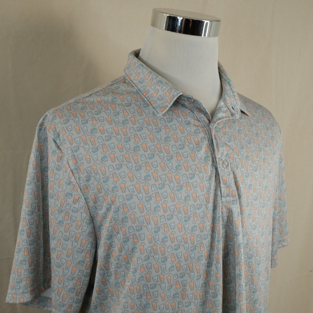 Huk XL Regular Fit Polo Shirt Gray Cocktail Drink Print Performance Mens